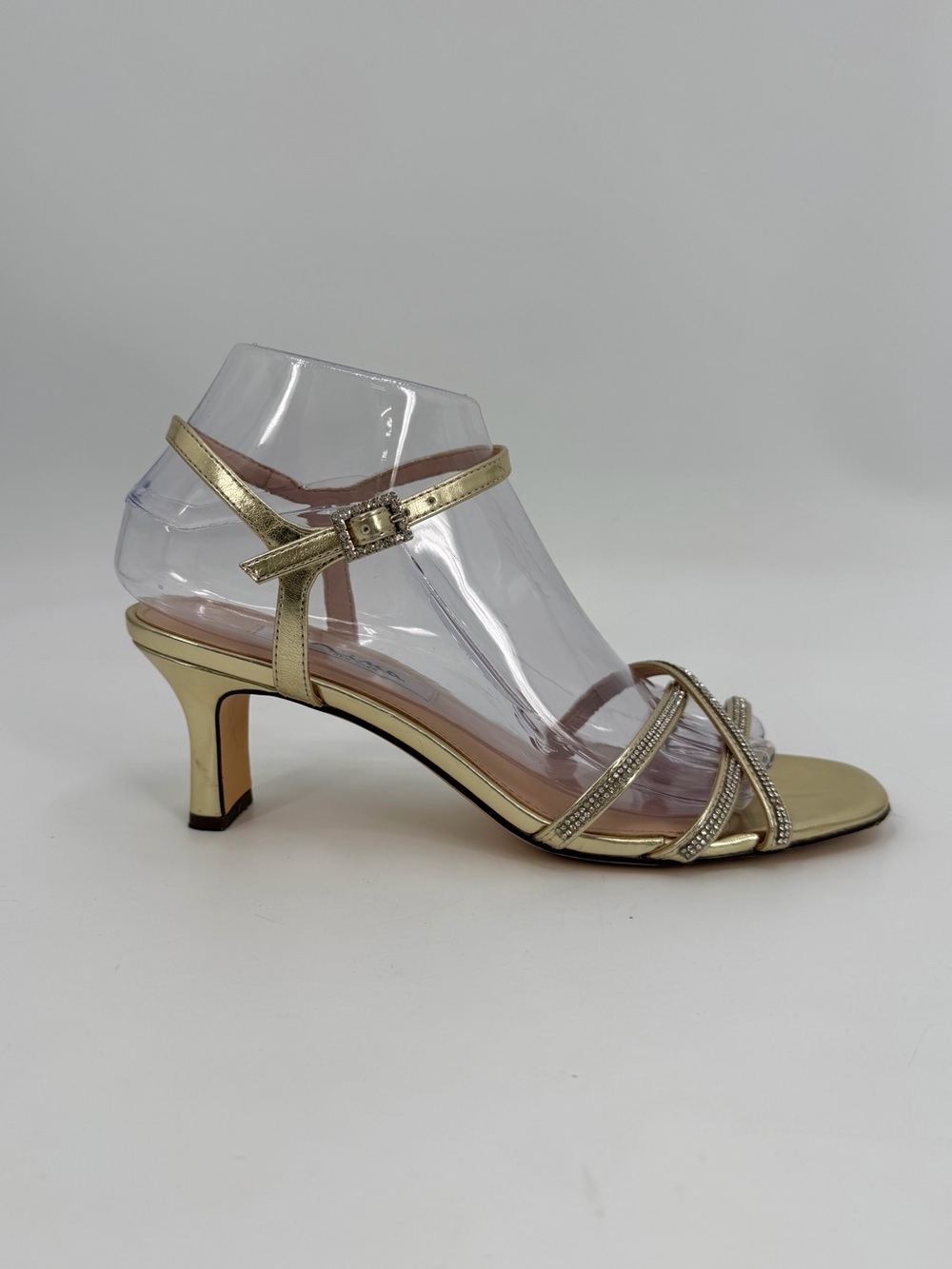 Nina Strappy Sandals Dressy Heels Women’s 7.5 M Gold Criss Cross Rhinestone